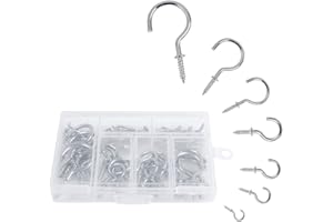 OWUDE 60PCS Screw Hooks, Cup Hooks Heavy Duty, Small Hanging Hooks, Drop Ceiling Hooks Screw for Hanging Plants, Cups, Kitchen Cabinet Shelf, 7 Sizes (Silver)