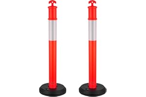 VEVOR Poteau de Signalisation 2PCs 114 cm, Balise de Délimitation avec Base Remplissable et Bandes Réfléchissantes, Délinéateur de Circulation pour Contrôle des Foules, Chantier Parking, Rouge