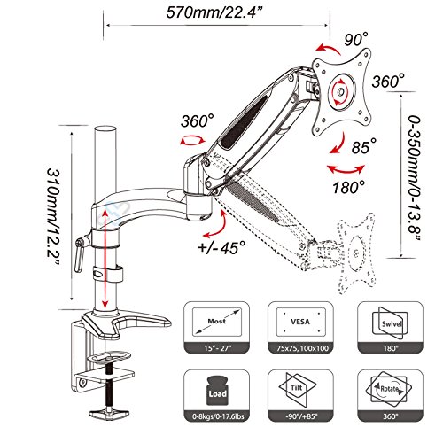 HFTEK® GM112D Tisch Monitor Standfuß Halterung Halter Tisch Stand für TFT LED LCD Bildschirm Monitor 15 – 27 Zoll mit VESA 75 / 100 (GM112D schwarz) - 2