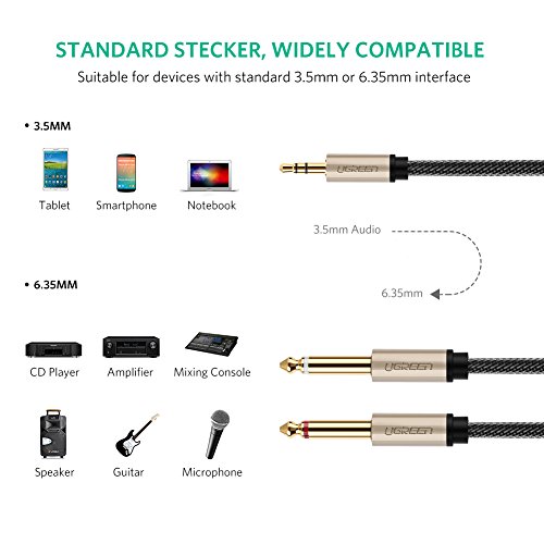 UGREEN Cavo Audio Jack Professionale, Cavo AUX 3,5mm Maschio a Doppio 6,35mm Maschio Cavo Jack Mono Cavo Stereo Aux in Nylon per Collegare Smartphone (iPhone, Samsung Galaxy, Huawei), Tablet, PC, Cuffie con Altoparlante, Amplificatore, Mixer Audio, Lettore DVD, etc.(5M)