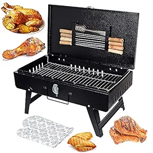 AARMISH Briefcase (Big Size Barbecue) and Picnic Metal Grill Charcoal Barbeque for Home with 8 Skewers, 1 Steel Grill, 1 Glove, 1 Tong & 1 Charcoal Packet (Black,1 Year Warranty) a complete Grill Barbecue Set