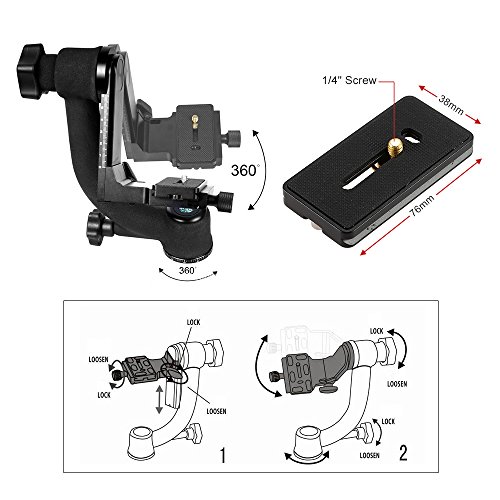 Andoer Metales Pesados Cardán Gimbal Cabeza del Trípode con Estándar Placa de Liberación Rápida para Cámara Réflex Digital Teleobjetivo (Max.Load a 20 kg / 44 Libras)