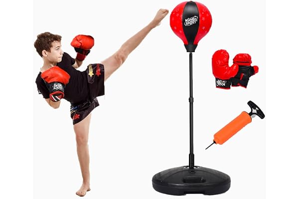 GYMAX Punching Ball Enfants Réglable en Hauteur 81-123 CM, Sac de Frappe sur Pied pour Enfant Plus 3 Ans, Kits de Boxe avec Gants de Boxe et Pompe à Air
