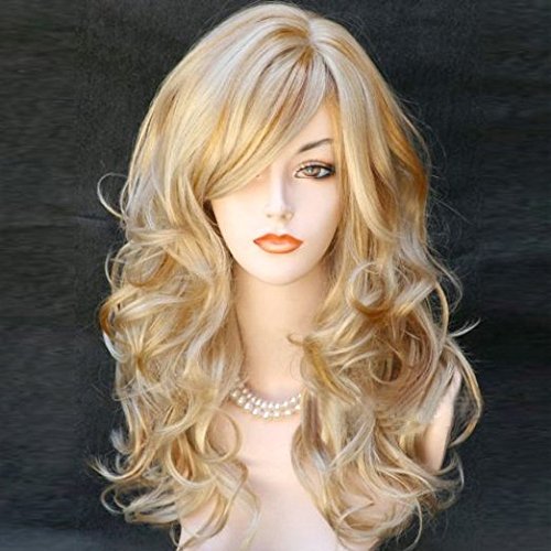 Kalyss Women's Long Curly Wavy High Quality Heat Resistant Golden Blonde Synthetic As Real Human Hair Wigs