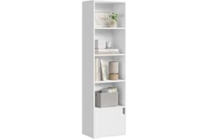 eSituro Libreria Verticale con 4 Scomparti Aperti e 1 Armadietto Scaffale Libreria in Legno Bianco Portalibri da Terra Moderno per Ufficio, Soggiorno Studio 34x24x132cm