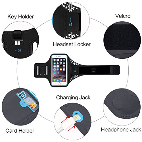 Fascia da Braccio Sportiva Porta Cellulare Running per iphone 7 plus 6s plus 6 plus 8 plus Samsung S7 Edge S6 Edge S7 S6 S5 Huawei P8 P9 lite P10 Plus per Esercizio Palestra Jogging Mountain Bike Porta Scheda Escursionismo Passeggiate Equitazione Auricolari e Key Holder Sweatproof adatto a qualsiasi smartphone inferiore a 5,5 pollici