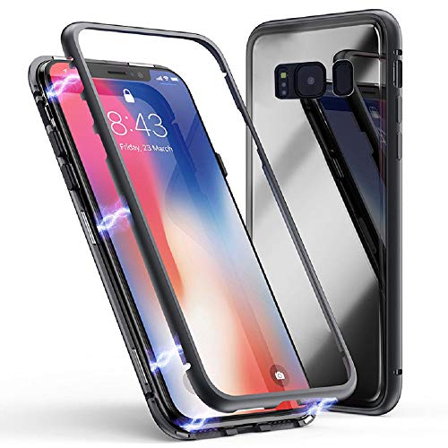 Jonwelsy Funda para Samsung Galaxy S8 Plus, Fuerte Tecnología de Adsorción Magnética, Cubierta Trasera de Vidrio Templado Ultra Delgado Metal Bumper Case Cover [Soporte de Carga inalámbrica] (Negro)