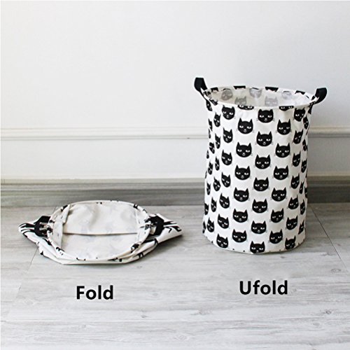 Inwagui Baumwolle Wäschesammler Klapp-Runde Wäschetruhe Haushalt Organizer Korb Wäschebox Kinderzimmer Badezimmer – Weiße Katze A - 3