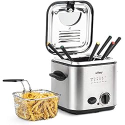 Wëasy TB600 Friteuse et fondue 2 en 1 électrique 1,2L Inox Multifonction Compact, 6 Fourchettes, Filtre Anti-odeurs, Cuve amovible, Température réglable