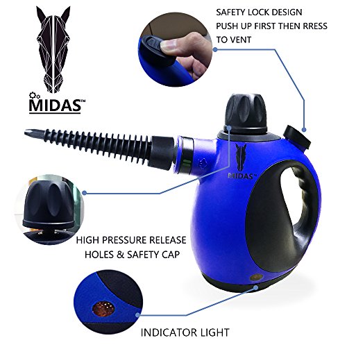 Midas Multi-Purpose Big Capacity Handheld Pressurized Steam Cleaner with 9-Piece Accessories for Stain Removal, Carpets, Curtains, Bed Bug Control, Car Seats