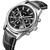 BUREI Men's Chronograph Wrist Watches Stopwatch with Black Dial Genuine Leather Strap Elegant Business Casual Style
