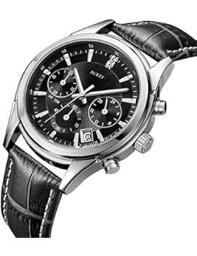 Burei® Herren Quarz Uhr Chronograph Wasserdicht Uhr Handglenk Uhr Schwarz Leder Armbanduhren