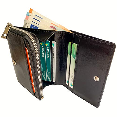 Portefeuille en Cuir de Vachette Véritable avec Poche à Monnaie Zippée | Porte-Cartes et Porte-Billets pour Femmes avec Boîte-Cadeau | Blocage RFID | Noir