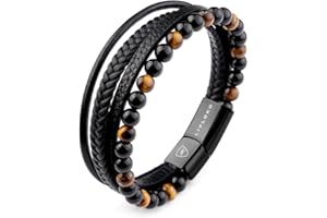 LIVLOKO LONDON Mens Bracelet Leather Black Multi-Layer Stone Beads Magnetic Adjutable Steel Clasp Viking Rope Bands Surfer Man Wristband Male UK Jewellery Gift box Boyfriend Dad Son Brother Tiger Eye