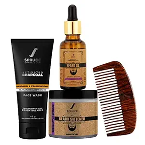 Spruce Shave Club Advanced Beard Grooming Kit For Men | 5 in 1 Beard Kit with Charcoal Face Wash, Beard Oil, Beard Softener, Beard Comb & Face Towel