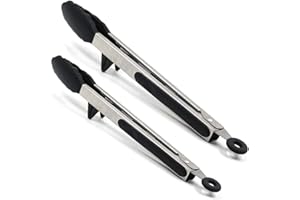 THATYRO 16", 12" Locking Silicone Kitchen Tongs, Stainless Steel Cooking Tongs with Non-Stick Tips, Longer Heavy Duty Baking Tongs for BBQ, Serving, Grilling, Catering,2PCS (Black)
