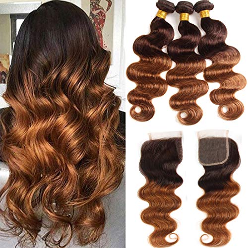 ELEE'S HAIR Ombre Body Wave Bundlles with Closure Ombre Brazilian Virgin Hair Bundles with Closure Remy Human Hair Bundles with Closure Brown Virgin Hair T4/30 (22 20 18+16)