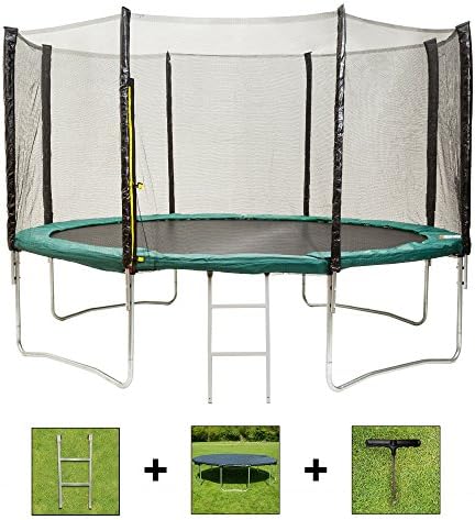 AirBounce Pro Round Trampoline with Safety Enclosure, Ladder, Weather Cover and Spring Tensioning Tool (6ft, 8ft, 10ft, 12ft, 14ft, Blue and Green) - Green, 10ft Trampoline