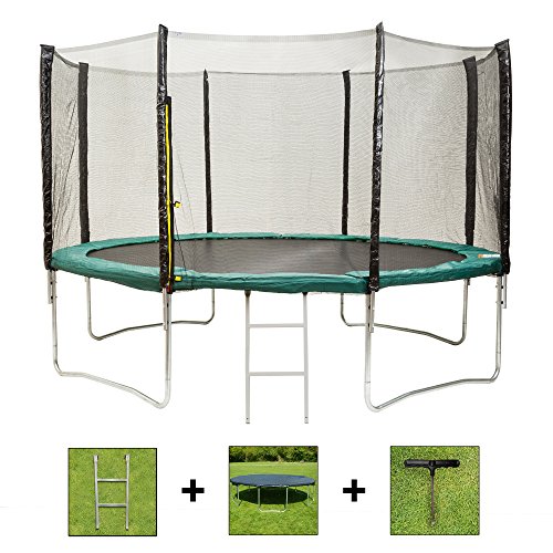 AirBounce Pro Round Trampoline with Safety Enclosure, Ladder, Weather Cover and Spring Tensioning Tool (6ft, 8ft, 10ft, 12ft, 14ft, Blue and Green) - Green, 10ft Trampoline