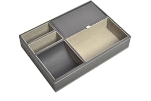 Lichi 5 Compartment Valet Dresser Organiser Tray, Faux Leather Nightstand Storage Box, Valentines Gift, Men's Accessories, Desk Organiser for Keys, Phone, Wallet, Coin (Grey)