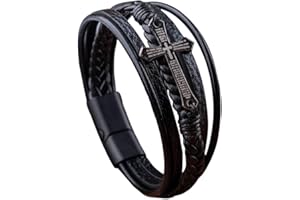 GENERISCH Bracciale da uomo a forma di croce, cinturino in pelle da uomo, multistrato, realizzato a mano, con fibbia magnetica in corda, Gesù Cristo Crocifisso