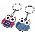 2Pcs Cute Owl Keyring & Pendant Keychain - Lovers Key Chain Red & Blue Owl Key Holder - Metal Animal Keychain Gift for Men & Women