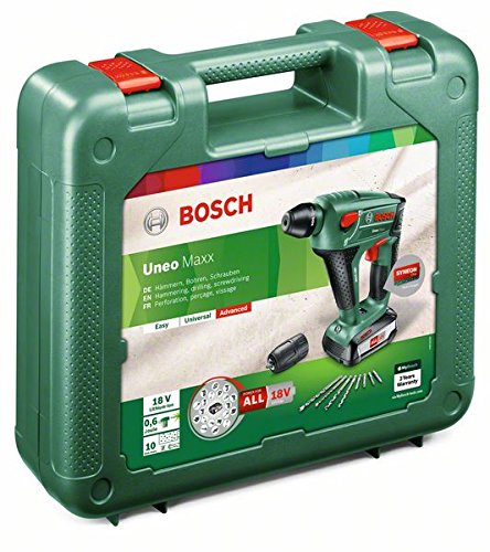 Bosch DIY Akku-Bohrhammer UneoMaxx, Akku, Ladegerät, Rundschaftadapter, 2 SDS-Quick Betonbohrer, 2 Hex-Schaft Bohrer, 4 Bits, Koffer (18 V, 2,5 Ah, 10 mm Bohr-Ø Beton) - 7