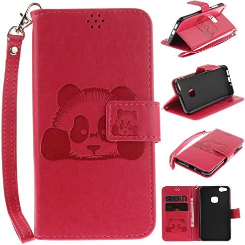 Huawei P10 Lite Case, CUSKING Panda Pattern Flip Stand Leather Wallet Case Magnetic Cover with Card Holder and Wrist Strap - Hot Pink