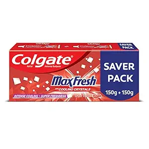 Colgate Max Fresh Toothpaste, Red Gel Paste with Menthol For Tooth Decay Prevention, Cavity Protection, Gum Protection, Whitening, Eliminates Bad Breath (300g, 150g X 2, Spicy Fresh, Saver Pack)