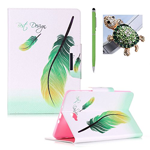 für Samsung Galaxy Tab A 10.1 Hülle Leder Gelb-Grün Farbverlauf Farbe Federn Muster,SKYXD [Auto Schlaf/Wach Funktion] PU Folio Klappbar Schutzhülle [Standfunktion/Brieftasche Kartenfach/Magnet] Klapphülle mit [Schildkröte Handyanhänger + Eingabestift] 3 in 1 Zubehör Handy Tasche Etui for Samsung Galaxy Tab A 10.1 Zoll T580N T585N Bookstyle Flip Case Leather Cover With [Stylus and Dust Plug]