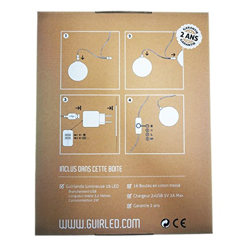 51eJs2Vtn L GuirLED - Guirlande lumineuse boules coton LED USB - Chargeur double USB 2A inclus - 3 intensités