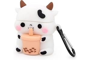 Mouzor Cute Airpods Case, Airpods 2 Case, Boba Tea Cow Funny 3D Cartoon Animal Case, Soft PVC Full Protection Shockproof Charging Case Cover with Carabiner for Airpods 1st generation, 2nd generation