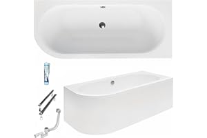 ECOLAM Badewanne Avita 180x80 cm Schürze | Wanne für Zwei Personen | Eckwanne Modern Design | Eckbadewanne RECHTS + Ablaufgarnitur Ab- und Überlauf Automatik Füße + Silikon Komplett-Set Acryl weiß