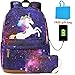 Produktbild Einhorn Schulrucksack Mädchen Galaxy Schultasche Schulranzen Rucksack Mäppchen Set für Schule Reisen mit USB-Ladeanschluss Lila (Lila)