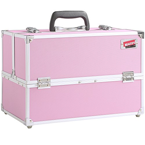 Beautify Large Professional Aluminium Pink Beauty Make Up Nail Cosmetic Box Vanity Case