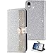 Produktbild iPhone XR Handyhülle, Premium PU Leder Bling Glitzer mit Diamant Tasche Flip Cover Brieftasche Schutzhülle Ständer Handytasche Bumper Holster Bogen Magnetverschluss für Apple iPhone XR Design Silver