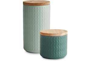 SPRINGLANE KITCHEN SPRINGLANE Contenitori per la conservazione in ceramica con coperchi in legno, contenitori per la conservazione degli alimenti (Verde Chiaro/Verde Scuro, 2 pezzi)