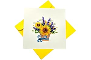 REMOtech Carte de vœux 3D faite à la main avec tournesols et lavande - Technique de quilling - 15 x 15 cm avec enveloppe jaune - Carte d'anniversaire, de remerciement, d'été