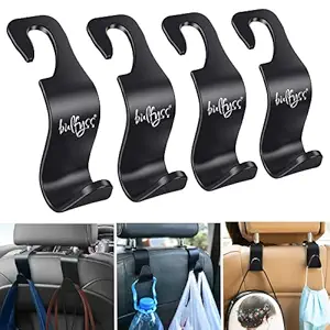 Bulfyss Car Backseat Headrest Hook/Hanger Universal Durable Organiser Space Saver for Handbag, Wallets, Grocery Bags (Black, Pack of 4)