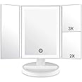 WEILY Makeup Vanity Mirror with LED Lighting and Touch Screen, Tri-Fold 1x 2x 3x Magnification,180° Adjustable Rotation,Battery and USB Powered,Countertop Cosmetic Mirror (White)