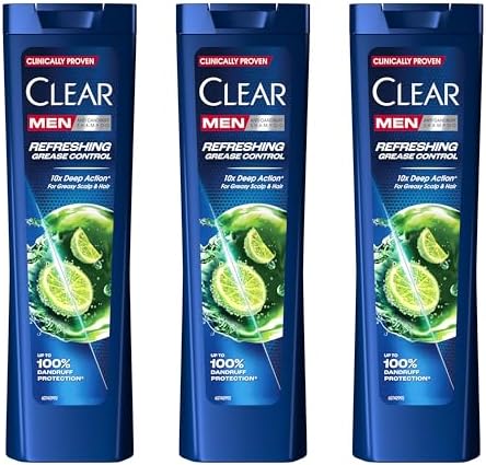 Clear Men Shampoo Uomo Refreshing Grease Control, Per Capelli Grassi, Azione Anti-Forfora e Anti-Sebo, Fino al 100% di Protezione dalla Forfora, Con Niacinamide, 3x 225ml