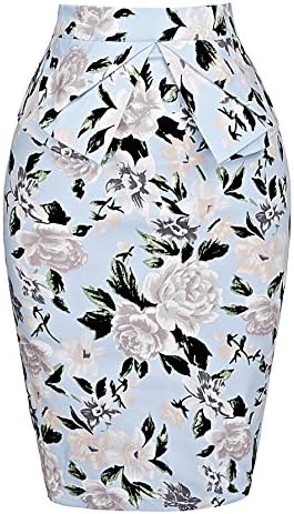 Women's Elastic Waist Stretch Bodycon Midi Pencil Skirt Flower Print (XL) KL-6