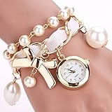 Dilwe Frauen Faux Perlen Schmuck Armbanduhr 3 Farben Legierungs Hängende Bügel Runde Vorwahlknopf Quarz Bewegungs Armband Uhr (Weiß)