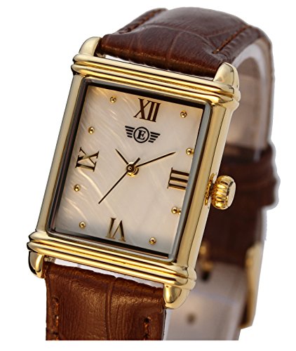 Eriksen Damen Classic rechteckig QUARZ Kleid Uhr mit Analog-Anzeige und braunem Lederband mit Mother of Pearl Zifferblatt vergoldet PG Eriksen Damen Classic rechteckig QUARZ Kleid Uhr mit Analog-Anzeige und braunem Lederband mit Mother of Pearl Zifferblatt vergoldet PG