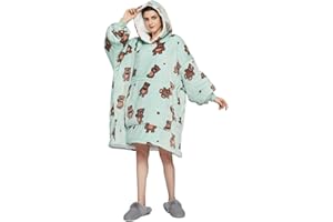 Sedefen Plaid Couverture Polaire avec Manches,Sweat-Shirt à Capuche avec Poches Portables,Confortable Flanelle Douverture TV Femme Homme,Hiver Chaud Sherpa Adulte,Menthe verte,Petit ours