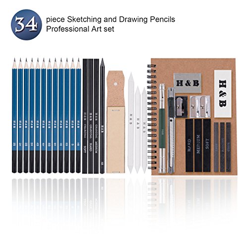AGPTEK 34 Stück Skizzieren und Zeichnen Bleistifte Professionelle Kunst Set - 3