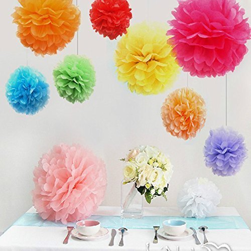 CUTADORNS 14pcs Tissue Paper Flower Big Size, Tissue Paper Flower Ball Pom-poms For Rainbow Theme Party / Wedding / Home / Outdoor Decoration Mixed Colors & Sizes