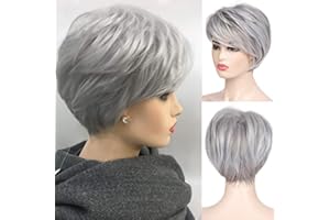 Baruisi Short Grey Wigs for Women Pixie Layered Wig with Bangs Synthetic Hair Wigs Cosplay Halloween Daily Wig