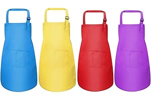 Disino 4 Pcs Kids Aprons Set, Boys Girls Adjustable Aprons with 2 Pockets, Children Chef Apron Toddler Kitchen Garden Bib Aprons for Cooking Crafting Painting Baking (7-13 Year)