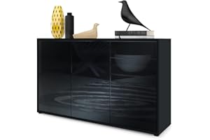 Vladon Sideboard Ben V3, Kommode mit 3 Türen und 2 Schubladen, Schwarz matt/Schwarz Hochglanz (117 x 74 x 36 cm)